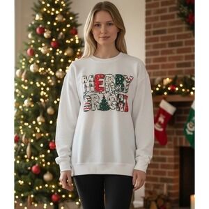 NEW Merry and Bright Christmas Plus Size 2XL Sweatshirt White Holiday Graphic